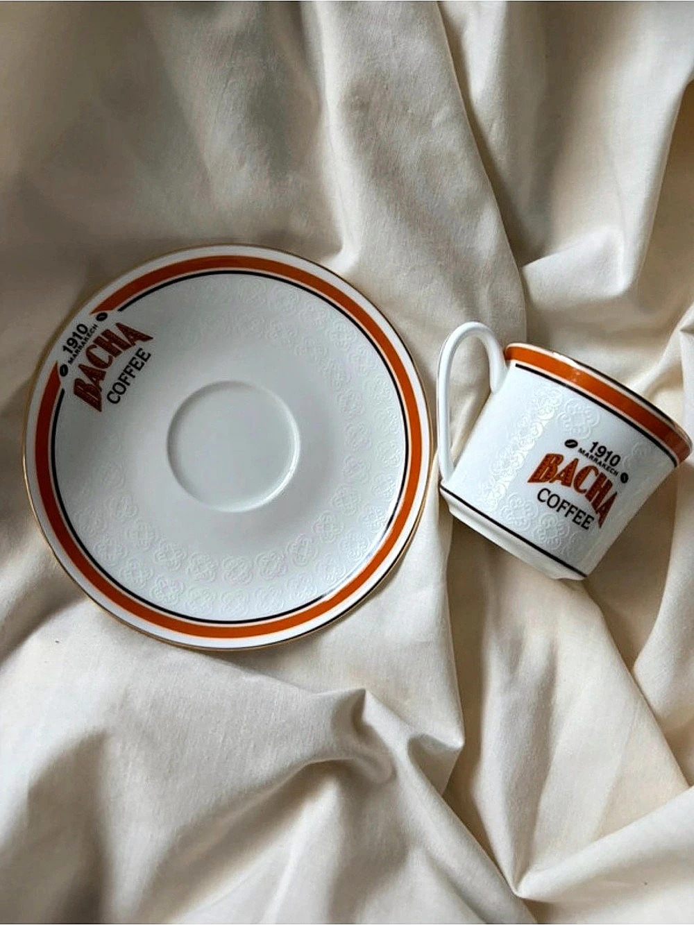 BACHELA 1910 Marrakech Bachela Coffee Cup & Saucer in White & Orange